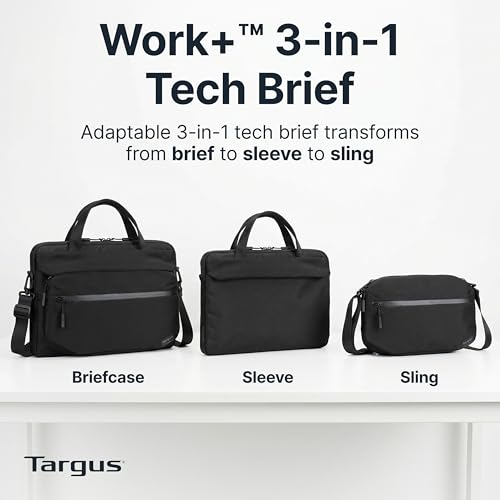 Targus 13–14 Inch Work+ 3-in-1 Tech Brief, Modular Laptop Briefcase with Detachable Tech Pouch Sling, 360 Laptop Protection, Anti-Theft Zippers, Trolley Strap, Black TBS969GL