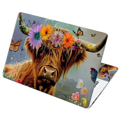Universal Laptop Skin Sticker with 2 Wrist Pad Decals, 3-Piece Removable Vinyl Laptop Cover, Daisy Highland Cattle Waterproof Anti-Scratch, Easy-Trim Fit for 13.3" 14" 15.6" Laptops - color: Daisy Highland Cattle