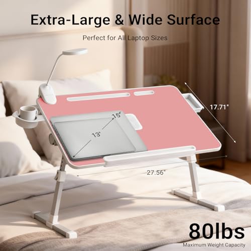 Adjustable Laptop Lap Desk with Cooling Fan USB Light for Adults - color: Pink,70x45cm