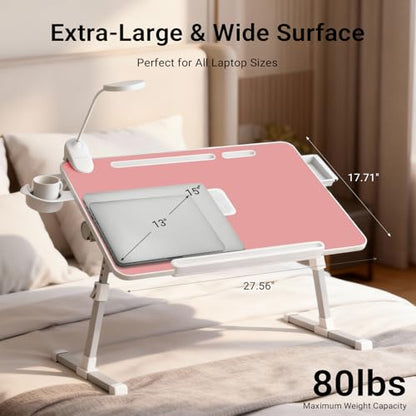 Adjustable Laptop Lap Desk with Cooling Fan USB Light for Adults - color: Pink,70x45cm