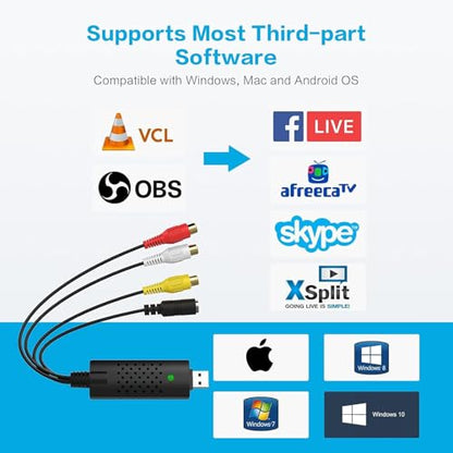 Video Capture Card, USB Video Capture Device,RCA to USB Audio Video Converter,VHS Mini DV VCR Hi8 DVD to Digital Converter for PC TV Tape Player Camcorder,Support PAL/NTSC,MAC Windows Vista Compatible