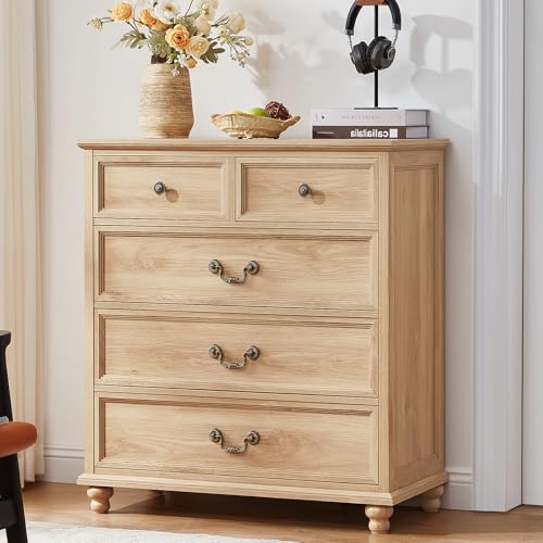 Joaxswe Farmhouse 5 Drawer Dresser for Bedroom, 35" Tall Rustic Chests of Drawers w/ 4 Solid Wood Feet, Mid Century Modern Wooden Closet Storage Dressers Organizer for Living Room, Hallway,Natural - color: Natural, size: 15.7"D x 31.5"W x 35.2"H (5 Drawer