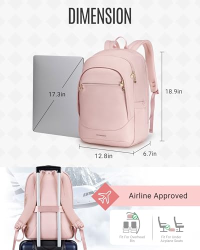 Travel Laptop Backpack for Women, 17.3 inches, Pink | Laptop Backpack, USB Charging Hole, Water Resistant, Large Capacity, College Bookbag - color: Pink, size: 17.3 Inch without Wheels