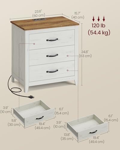 VASAGLE LIRY Collection - Farmhouse Nightstand with Charging Station, Set of 2, Bedside Tables, Side End Tables with 3 Drawers, for Bedroom, Rustic White and Honey Brown ULET979W01 - color: Rustic White + Honey Brown, size: 2 PACK, style: 23.6"W x 24.8"H