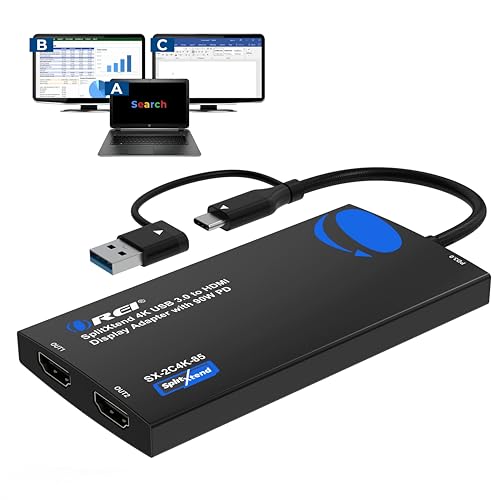 OREI SplitExtend 4K HDMI Splitter Extended Display for Dual Monitor - Multi-Monitor Display 3 Separate Screens - USB A & USB-C Adapter to HDMI 2.0, 4K@60hz, 90W PD Charger, DisplayLink MacOS, Windows - color: Midnight Black