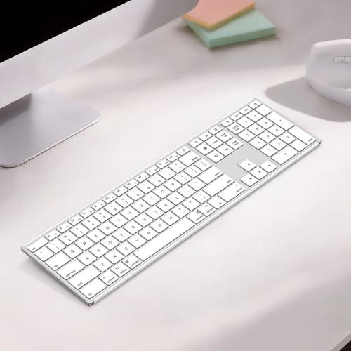 OMOTON Full Size Wireless Keyboard for Mac, Metal Frame, Silver | Ultra Slim & Quiet, Rechargeable Ergonomic, Bluetooth + 2.4G triple for MacBook Pro/Air/Neo, iMac, Mac Mini, Office/Home