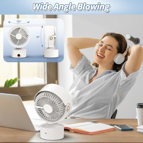 Desk Fan Small Oscillating for Bedroom, 9 Inch Quiet Desk Fan Air Circulator with 3 Speeds, 4H Timer, Rechargeable Desk Fan for Office/Dorm/Room-White