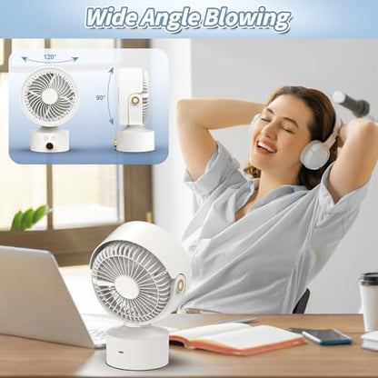 Desk Fan Small Oscillating for Bedroom, 9 Inch Quiet Desk Fan Air Circulator with 3 Speeds, 4H Timer, Rechargeable Desk Fan for Office/Dorm/Room-White
