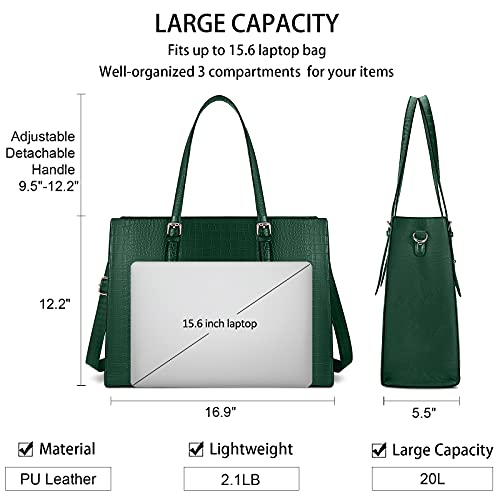 Laptop Bag for Women 15.6 Inch Crocodile Leather Tote Bag Water-resistant Work Briefcase Business Computer Shoulder Bag for Travel Teacher Nurse Professional Handbag - color: Green