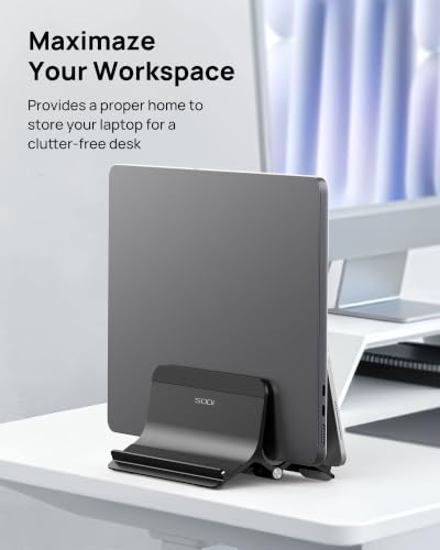 Vertical Laptop Stand Holder for Desk Compatible with MacBook Air, MacBook Pro Stand Vertical Aluminum Up to 17 inch, Gravity Auto-Lock Cooling, 3-in-1 Space Saving Desk Organizer Accessories - color: Black