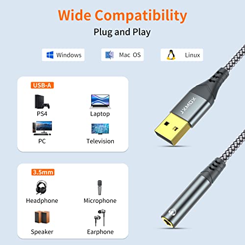 JXMOX USB to 3.5mm Audio Adapter (2-Pack) - USB-A to 3.5mm TRRS 4-Pole Female External Stereo Sound Card for Headphones, Mac, PS4, PS5, PC, Laptops, Desktops