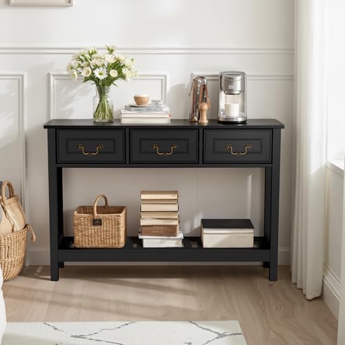 Sofa Table - Entryway Table with Drawers, Narrow Console Table for Living Room, 53” Long Farmhouse Sofa Table with 3 Drawers & 2-Tier Shelves,Black Oak Finish for Hallway or Behind Couch - color: Black