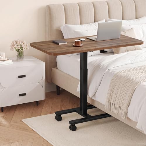 Homkdom C Shaped Table with Wheels, Side End Table with Extended Desktop, Adjustable Rolling Desk for Small Space, Dorm, Height Adjustment (29.5"-44"), Walnut Brown - color: Walnut Brown