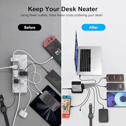 520W GaN III USB C Charging Station, 8-Port Charger Hub 4x100W+4x30W, PPS PD3.0 Fast Charging for MacBook iPhone Samsung Dell Steam Deck - 5ft Cord + 100W Cable