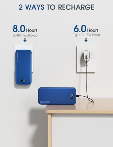citicr Portable Charger 20000mAh PD20W w/Built-in Cables & Wall Plug Navy | High capacity, Fast charging, Built-in wall plug, LED display, Charge 5 devices at once, Pass through charging, TSA approved - color: Navy-20000mah