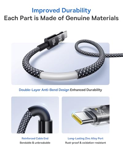Baseus USB C Cable, 100W 5A Fast Charging USB C Charger Cable with LED Display, Zinc Alloy Nylon Braided USB C to USB C Cable for iPhone 16/Pro/Plus/Pro Max, MacBook, iPad Pro, Galaxy S24/S23 (3.3ft) - size: 3.3ft