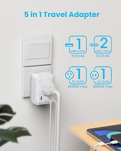 Universal Travel Adapter Kit, VINTAR International Plug Adapter with 3 USB Ports(2 USB C, 3.4A) and 2 American Outlets, Type A,C,G,I Detachable Attachments, Adapter for US/Japan/Europe/UK/AUS - style: Type A/C/G/I- Universal Adapter