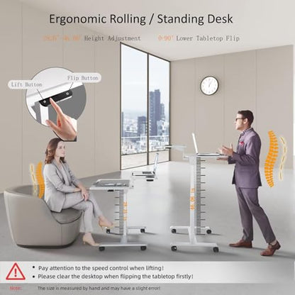 Pneumatic Standing Desk with Wheels - Adjustable Height 28" - 46" & 0-90° Tilt, 31.5" x 17.7" Skin-Feel Desktop, Rolling Computer Desk for Home Office, Hospital, School (White) - color: White