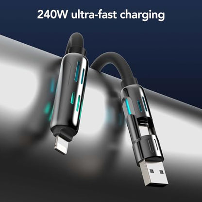 MFish 240W 4-in-1 Charging Cable with Carrying Case, 10FT Fast Charger USB-A & USB-C to USB-C/Lightning, for iPhone 17/16/15/14, MacBook, iPad, Samsung S25/S24 (Black) - color: Black, size: 10FT