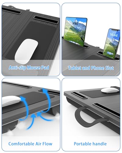 HETTHI Laptop Lap Desk, Portable Large Laptop Desk for Bed, Up to 17 Inch Lap Pad Tray with Wrist Rest, Mouse Pad, Tablet Phone Slot, Portable Handle, Cushion (Black) - color: Black