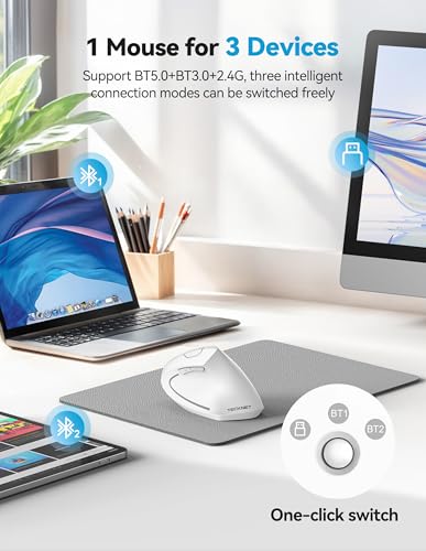 TECKNET Ergonomic Mouse, Rechargeable 2.4G+Bluetooth Vertical Mice 6 DPI Adjustable, Wireless Optical Carpal Tunnel Mouse Right Hand, Multi Device for Laptop, PC, Computer, MacBook, iPad - White - color: White