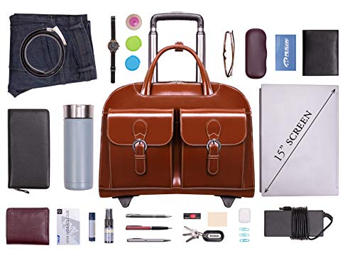McKlein DAVIS, Top Grain Cowhide Leather, 15" Leather Vertical Wheeled Ladies' Laptop/Computer & Tablet Business Briefcase Bag/Women's Rolling Overnight Travel Bag, Removable trolley case