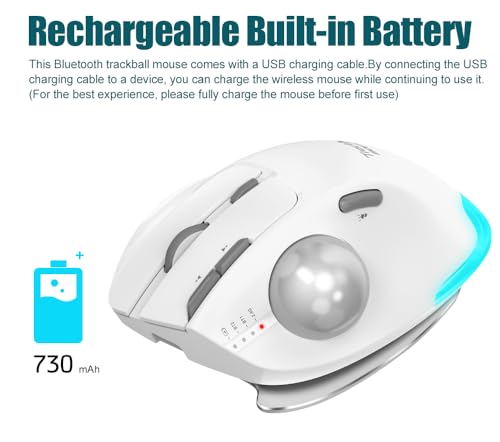 zelotes Wireless Trackball Mouse,Bluetooth Mouse,Rechargeable,4800 DPI, 2-in-1(BT 5.0/3.0+2.4GHz USB Receiver), 8 Buttons,Ergonomic Design,LED Lighting,for Laptop, PC, Pad,White - color: White