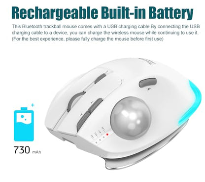 zelotes Wireless Trackball Mouse,Bluetooth Mouse,Rechargeable,4800 DPI, 2-in-1(BT 5.0/3.0+2.4GHz USB Receiver), 8 Buttons,Ergonomic Design,LED Lighting,for Laptop, PC, Pad,White - color: White