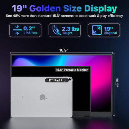 VisionOwl Portable Monitor 19 Inch 4K UHD 144Hz 560 nits 125% sRGB Second Screen, USB-C HDMI HDR Travel Monitor for Laptop PC MacBook PS5 Xbox, VESA Mountable, with Speakers, Built-in Kickstand - size: 19 inch