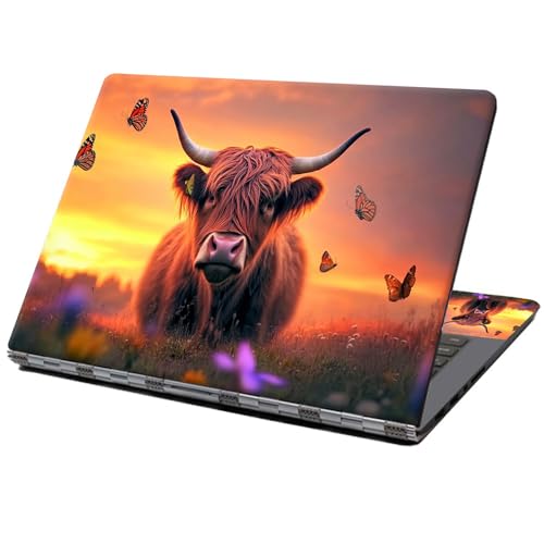 Laptop Skin Sticker Decal 12" 13" 13.3" 14" 15" 15.6",Waterproof Scratch Resistant Vinyl,Reusable Easy to Apply,for MacBook HP Dell Notebooks Netbooks Laptop,2 Wrist Pads,Cow Butterfly Dusk - color: Cow Butterfly Dusk
