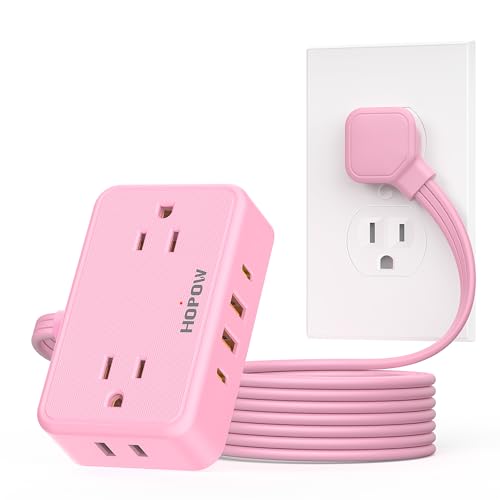 HOPOW Pink Extension Cord, 6 Ft Ultra Thin Pink Power Strip, 4 AC Wide Spaced Outlets and 4 USB (2 USB-C) Ports, No Surge Protector for Kawaii Desk Home Room Decor Essentials - color: Pink, size: 6 Ft