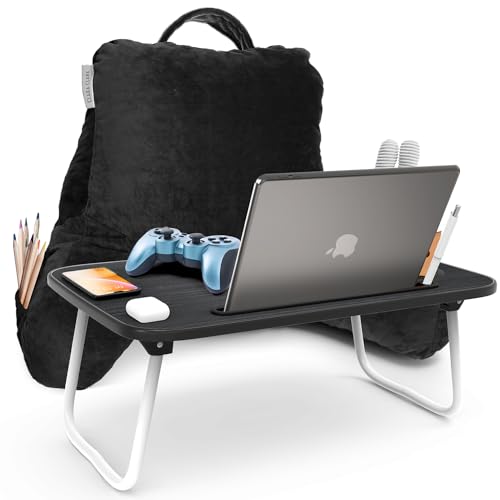 Clara Clark Reading Pillow with Portable Lap Desk Set for Kids, Back Pillow for Sitting Up in Bed, Memory Foam Back Support Pillow, Bed Rest Pillow with Foldable Laptop Desk, Small - Black - color: Black, size: Petite/Small