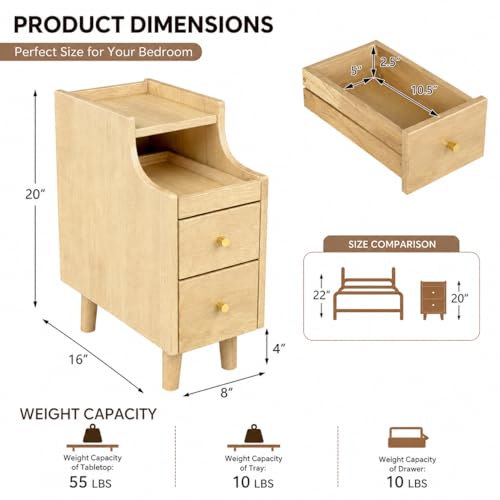 POWERSTONE Narrow Nightstand with 2 Drawers Set of 2, Solid Wood Bedside Table with Pull Out Tray & Cable Hole & Slots, Slim End Side Table for Small Spaces Bedroom, Living Room, Natural - color: Natural
