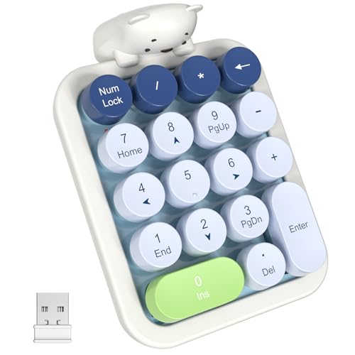 MOFII Wireless Number Pad with Bear - Mixed Blue Numeric Keypad 18 Keys 2.4G Round Keycap Colorful Extensions Cute Numpad, Portable Accounting Financial Retro Numpad 10 Key for Laptop/PC/Notebook - color: Colorful Blue Bear