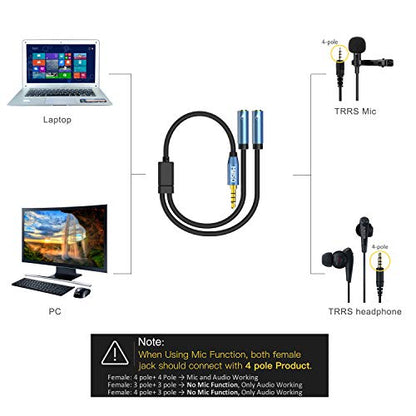 Headset Splitter for 2 TRRS Headphones or Mics 3.5mm Audio Splitter | Sapphire Blue, Metal Shell, 3.5mm Jack Adapter TRRS 4-Pole Headphone Splitter Male to 2 Female Adapter for Smartphone, Laptop - size: 1 Feet - Standard