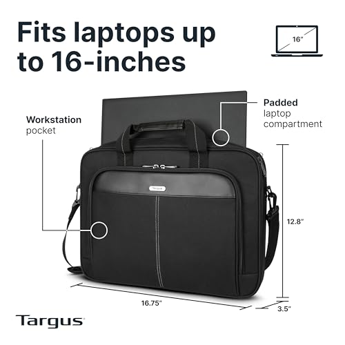 Targus 15-16 Inch Slim Lightweight Laptop Briefcase, Black - Messenger and Shoulder Bag with Padded Compartment and Trolley Strap for 16" Laptops (TCT027US) - color: Black, size: 16 inch