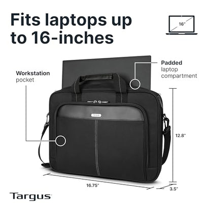 Targus 15-16 Inch Slim Lightweight Laptop Briefcase, Black - Messenger and Shoulder Bag with Padded Compartment and Trolley Strap for 16" Laptops (TCT027US) - color: Black, size: 16 inch