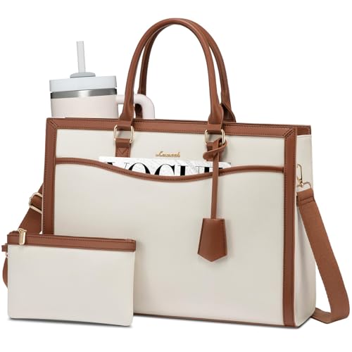 LOVEVOOK Laptop Tote Bag for Women, 15.6 inch Lightweight Canvas Office Work Bag Briefcase, Large Capacity Teacher Computer Bag Handbag for Travel Business,2pcs Set Canvas/Beige-Brown | PU Leather Business Briefcase Teacher Travel College Bag Handbag fit