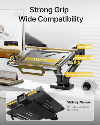 monTEK Dual Arm 2-in-1 Desk Mount, Laptop & Monitor, Fits 12–18" Laptops | Dual Arm Desk Mount with Ventilated Laptop Tray, Works for Laptop + Monitor,Full Motion Arm with Clamp/Grommet, 75/100 VESA - style: Dual Arm