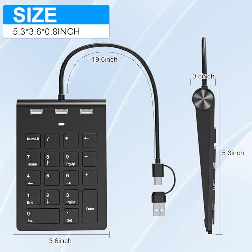 18 Key Wired Numeric Keypad with 3 Port USB 2.0 Hub, USB C & USB A Slim Portable Numpad for Laptop, Desktop, PC, MacBook, Efficiency Financial Accounting Num Pad USB c Support Plug and Play