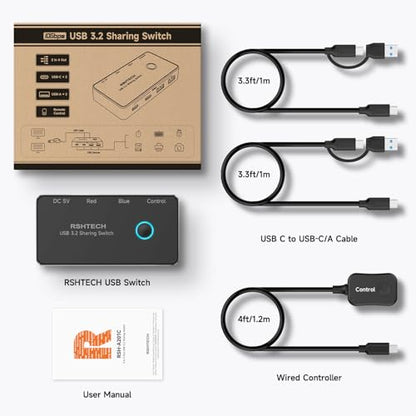 RSHTECH USB 3.2/USB C Switch 10Gbps 2 Computers Share 4 Devices, RSH-A201C | USB Switcher Selector with USB 3.2 Ports(2 USB-A+2 USB-C), 2 Cables and Controller for PC Laptop, No Video Output or Charging