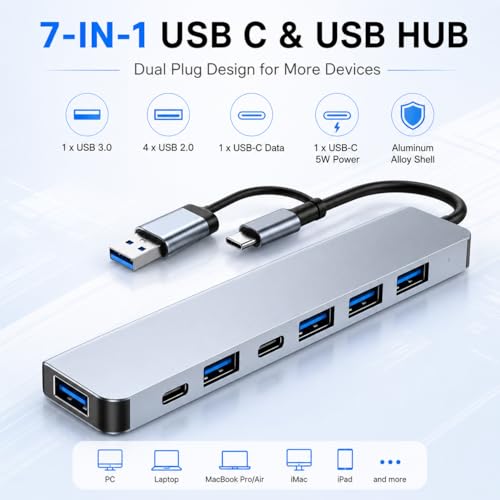 VIENON Aluminum USB C & USB Hub 7-in-1 with USB 3.0, USB-C Ports for PC/Laptops/MacBook Pro/Air/iMac/iPad and More Devices