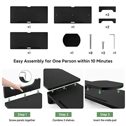 Nnewvante Monitor Stand Riser, 60 inch Large Bamboo Dual Monitor Stand for Desk, 3 Shelves Desktop Screen Riser with Adjustable Length Angle for Computer Laptop PC,Black