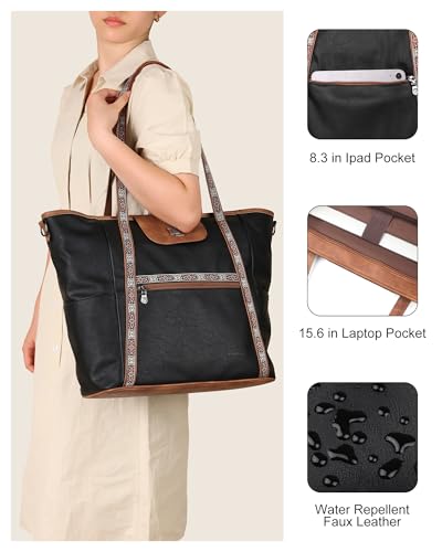 Large Laptop Tote Bag for Women Designer Leather Laptop Bag, 15.6in | Fashion Travel Backpack Purse Shoulder Handbag Fits 15.6 Laptop, Daily, Work, Business Trip, Weekend Travel, Teacher - color: Retro Black With Brown