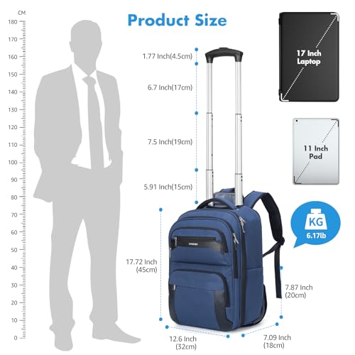 17.7inch Rolling Backpack With Wheels for Adults, Roller Carry On Luggage Wheeled Backpack, Rolling Laptop Backpack for Men Women to Travel Business, Blue