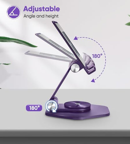 Tablet Stand, Aluminum Desktop Holder, Compatible with 5-12.9" iPad, Purple | 360° Swivel Adjustable Viewing Angles; Sturdy All-Aluminum Design Improve heat dissipation; Foldable and Storage; - color: Purple