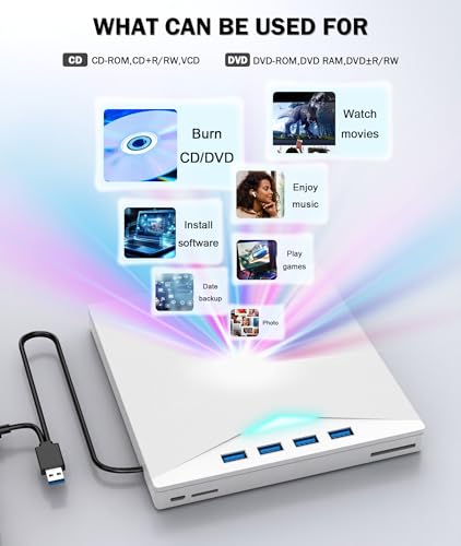External CD/DVD Drive for Laptop PC,8 IN 1 LED CD Reader for Laptop CD Burner CD ROM DVD-/+RW Writer Reader with TF/SD Card Slots,USB 3.0 DVD Drive External,Compatible with Mac,Windows 11/10/8/7,Linux - color: White