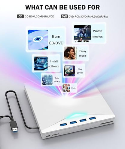 External CD/DVD Drive for Laptop PC,8 IN 1 LED CD Reader for Laptop CD Burner CD ROM DVD-/+RW Writer Reader with TF/SD Card Slots,USB 3.0 DVD Drive External,Compatible with Mac,Windows 11/10/8/7,Linux - color: White