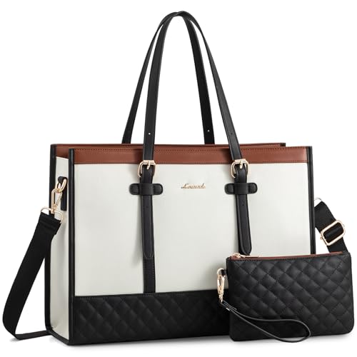 LOVEVOOK Laptop Bag for Women, 15.6 Inch Computer Tote Bags Purse for Work | Canvas, with Long Shoulder Strap&Clutch Purse, Handbag, Casual Stylish Tote Bag for Work Office Travel College Teacher School - color: Black & White & Brown, size: 15.6 inch