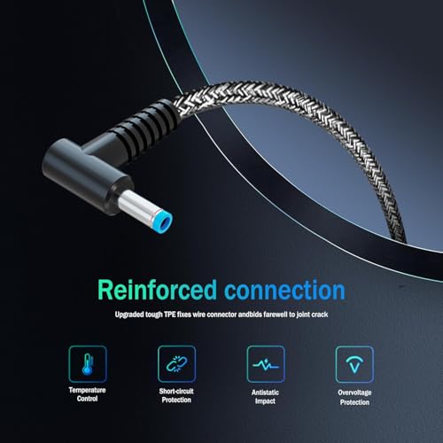 New Slim 65W 45W Laptop Charger Compatible with HP Laptop Charger Computer Spectre x360 Envy Elitebook x360 Pavilion Braided Cable Smart Blue Tip Power Cord Ac Adapter | 4.5x3.0mm Blue Tip, Braided Cable AC Adapter, fits HP Laptop Computer Spectre x360 En